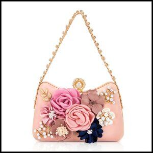 Floral Pearl Evening Clutch Elegant Wedding Formal Dressy Crystal Top Handle